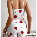 Kadın Ekru Pamuklu Çilek Desenli Şortlu Pijama Takımı