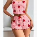 Kadın Pembe Pamuklu Çilek Desenli Şortlu Pijama Takımı