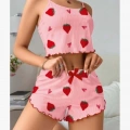 Kadın Pembe Pamuklu Çilek Desenli Şortlu Pijama Takımı