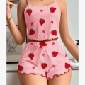 Kadın Pembe Pamuklu Çilek Desenli Şortlu Pijama Takımı