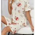 Krem Pamuklu Ayıcık Baskılı Şortlu Pijama Takımı