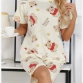 Krem Pamuklu Ayıcık Baskılı Şortlu Pijama Takımı