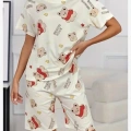 Krem Pamuklu Ayıcık Baskılı Şortlu Pijama Takımı