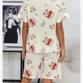 Krem Pamuklu Ayıcık Baskılı Şortlu Pijama Takımı