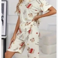 Krem Pamuklu Ayıcık Baskılı Şortlu Pijama Takımı