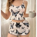 Kadın Kelebek Baskılı Fiyonk Detaylı Şortlu Pijama Takımı