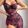 Amour Gül Desenli Yırtmaçlı Gecelik (Tanga Hediyeli)