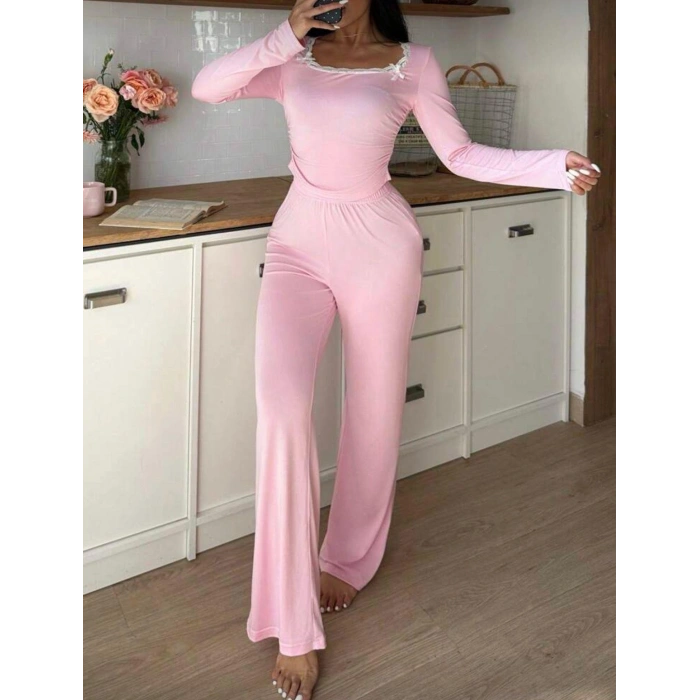 Pembe Dantelli Fiyonk Detaylı Uzun Pamuk Viskon Pijama Takımı