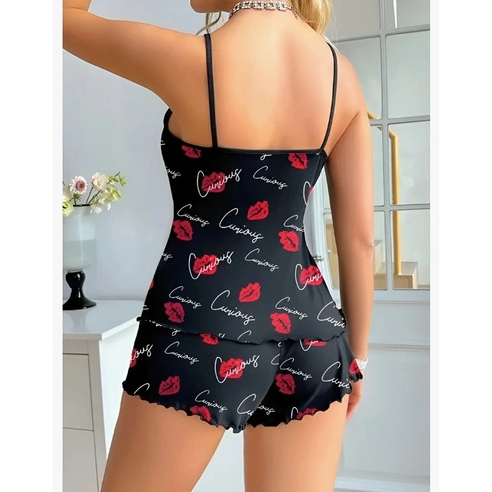Kadın Siyah Öpücük Desenli Şortlu Pijama Takımı