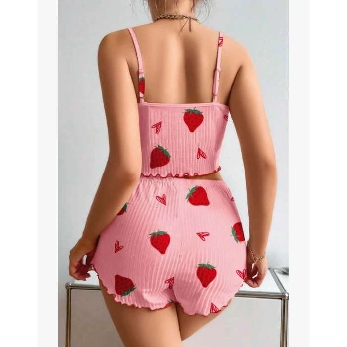 Kadın Pembe Pamuklu Çilek Desenli Şortlu Pijama Takımı