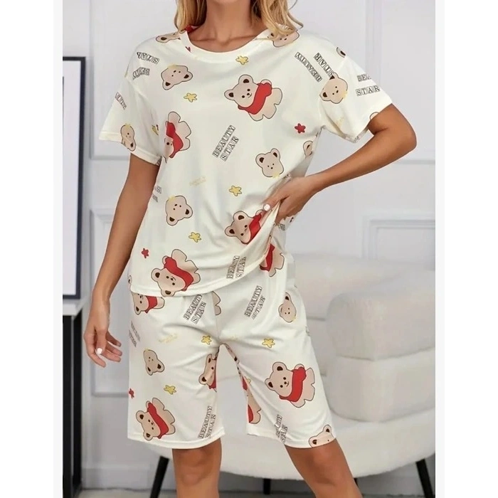 Krem Pamuklu Ayıcık Baskılı Şortlu Pijama Takımı