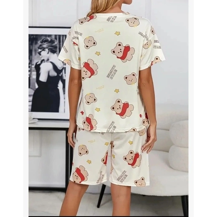Krem Pamuklu Ayıcık Baskılı Şortlu Pijama Takımı