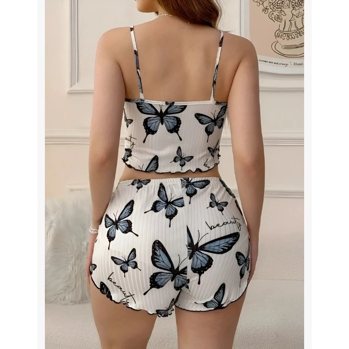 Kadın Kelebek Baskılı Fiyonk Detaylı Şortlu Pijama Takımı