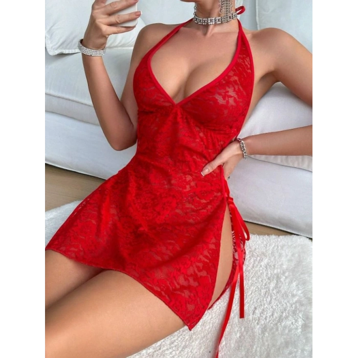 Kırmızı Yandan Bağlamalı Dantelli Kostüm Tanga Hediyeli