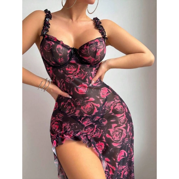 Amour Gül Desenli Yırtmaçlı Gecelik (Tanga Hediyeli)