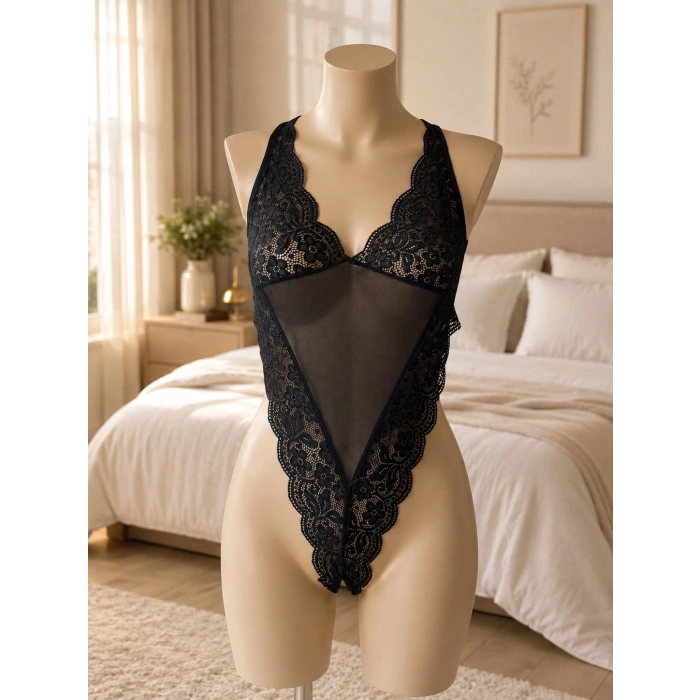 Gece Ateşi Özel Bölgesi Açık Siyah Dantelli Bodysuit