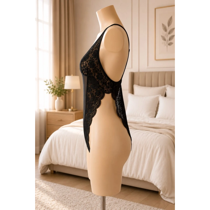 Gece Ateşi Özel Bölgesi Açık Siyah Dantelli Bodysuit