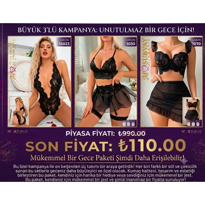 Siyah Dantel Premium 3lü Set (+ Tanga Hediyeli)