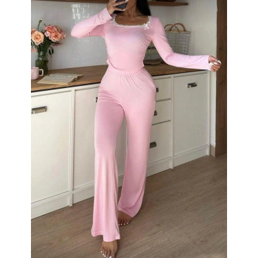 Pembe Dantelli Fiyonk Detaylı Uzun Pamuk Viskon Pijama Takımı