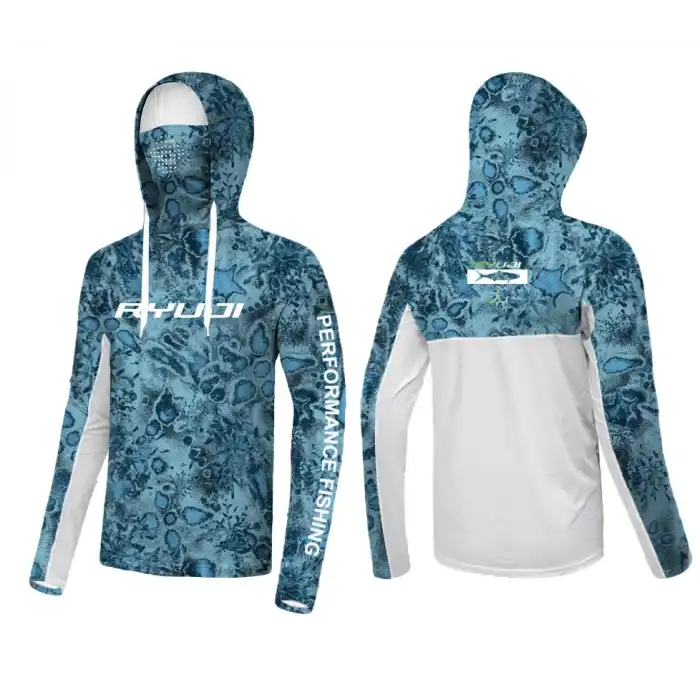 RYUJI UV PERFORMANCE HOODIE SHIRT+NECK, BLUE REEF