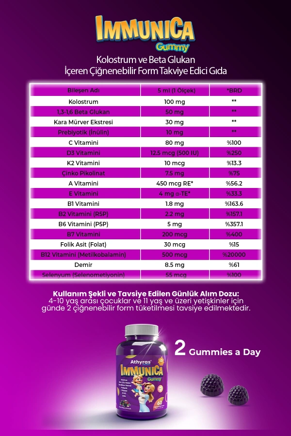 Immunica Gummy Kolostrum, Kara Mürver İçeren 60 Çiğnenebilir Form