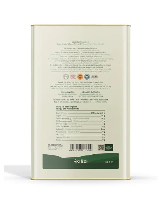 Kilizi Yeni Hasat Soğuk Sıkım Organik Sızma Zeytinyağı (18 LT)