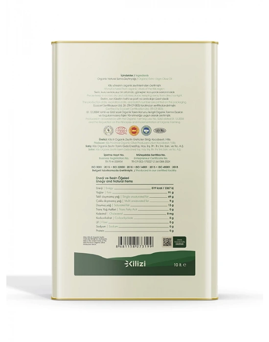 Kilizi Teneke 10 Litre Organik Zeytinyağı (10 LT)