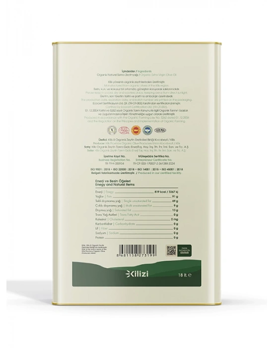 Kilizi Teneke 18 Litre Organik Zeytinyağı (18 LT)