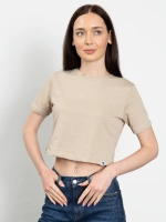 Bisiklet Yaka Likralı Kısa Kol Bej Basic Crop T-Shirt