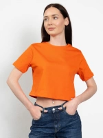 Bisiklet Yaka Likralı Kısa Kol Oranj Basic Crop T-Shirt