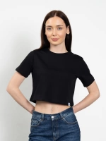 Bisiklet Yaka Likralı Kısa Kol Siyah Basic Crop T-Shirt