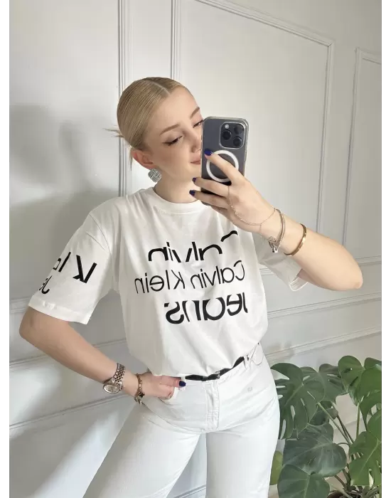Baskılı Orijinal Marka Oversize Pamuk Beyaz Tshirt