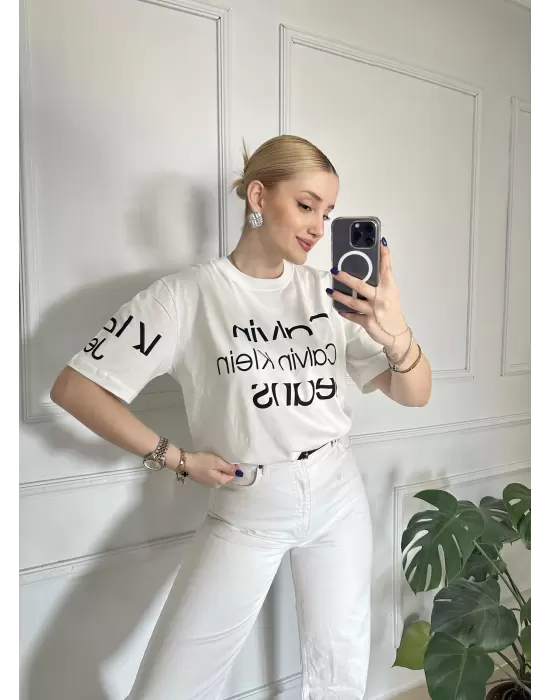 Baskılı Orijinal Marka Oversize Pamuk Beyaz Tshirt