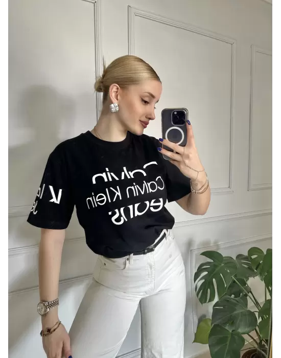 Baskılı Orijinal Marka Oversize Pamuk Siyah Tshirt
