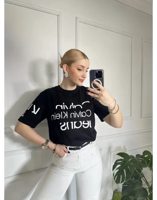 Baskılı Orijinal Marka Oversize Pamuk Siyah Tshirt