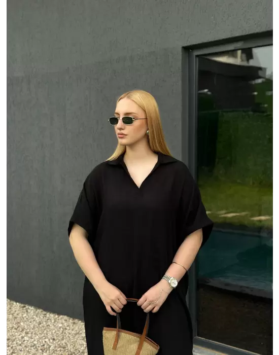 Bohem Siyah Keten Polo Yaka Elbise