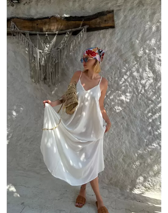 Bohemian Beyaz Ayarlanabilir İp Askılı Salaş Elbise