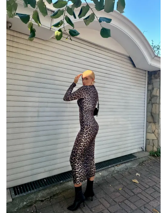Era Drapeli Midi Boy Leopar Elbise