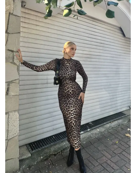 Era Drapeli Midi Boy Leopar Elbise