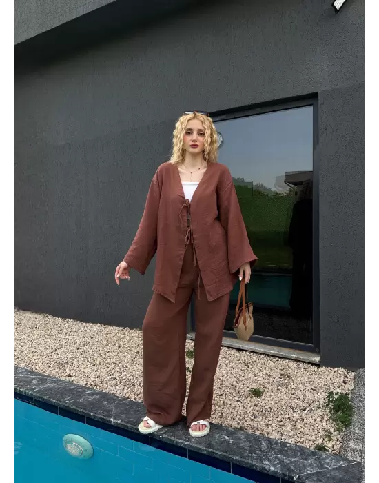 Ferina Kahve Muslin Ön Bağlamalı Kimono Takım