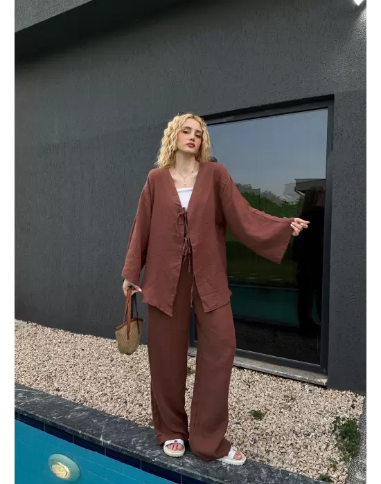 Ferina Kahve Muslin Ön Bağlamalı Kimono Takım