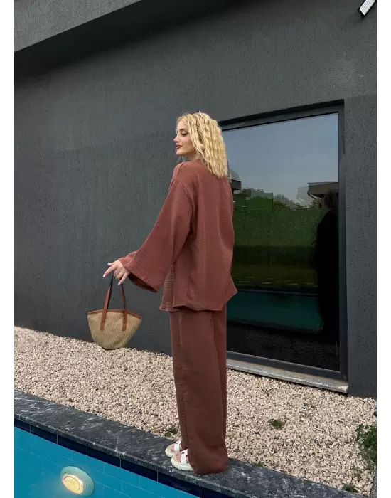 Ferina Kahve Muslin Ön Bağlamalı Kimono Takım