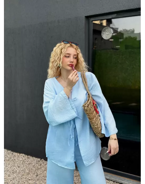 Ferina Bebe Mavi Muslin Ön Bağlamalı Kimono Takım