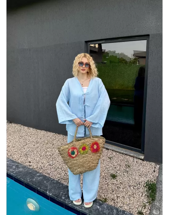 Ferina Bebe Mavi Muslin Ön Bağlamalı Kimono Takım