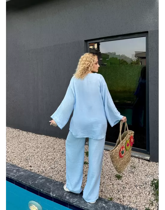 Ferina Bebe Mavi Muslin Ön Bağlamalı Kimono Takım