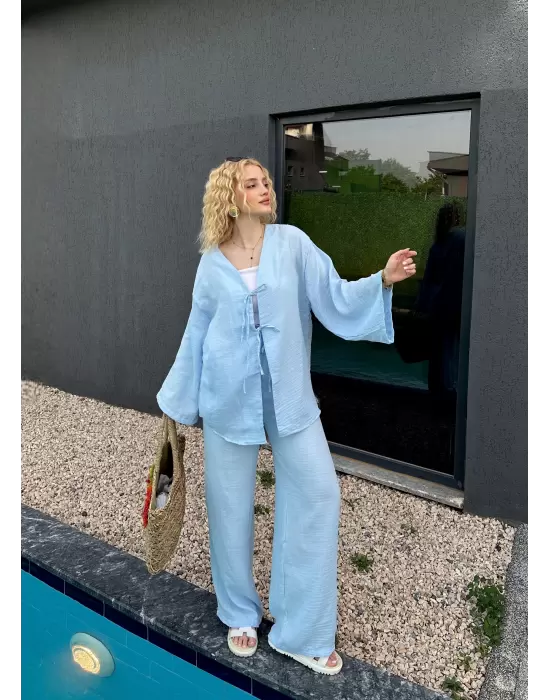 Ferina Bebe Mavi Muslin Ön Bağlamalı Kimono Takım