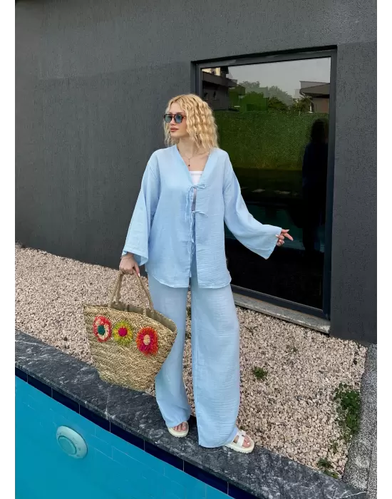 Ferina Bebe Mavi Muslin Ön Bağlamalı Kimono Takım