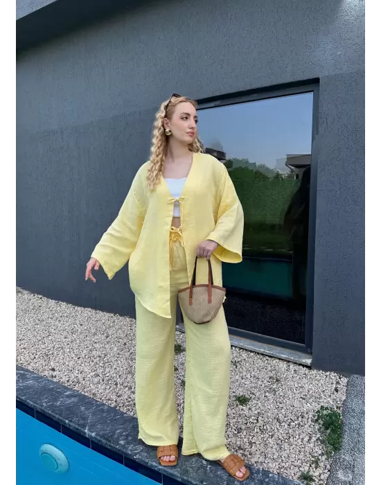 Ferina Pastel Sarı Muslin Ön Bağlamalı Kimono Takım