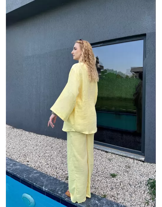 Ferina Pastel Sarı Muslin Ön Bağlamalı Kimono Takım