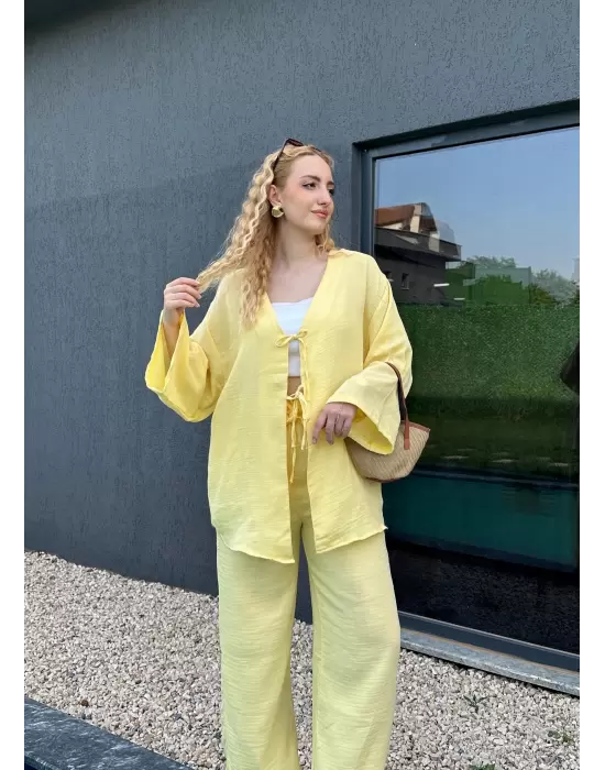 Ferina Pastel Sarı Muslin Ön Bağlamalı Kimono Takım